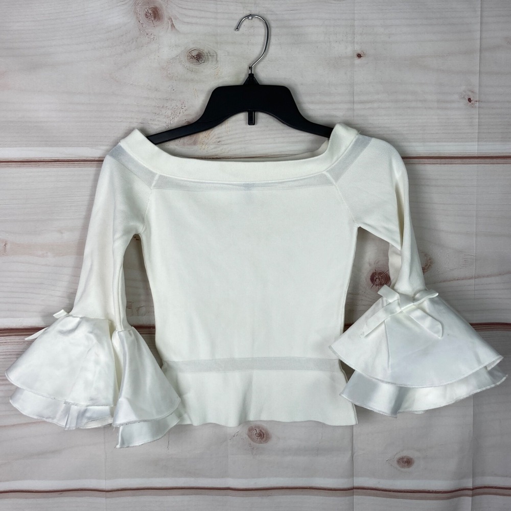San Joy Top Womens S White Off The Shoulder Ruffle Sleeve Knit Crop Blouse Solid